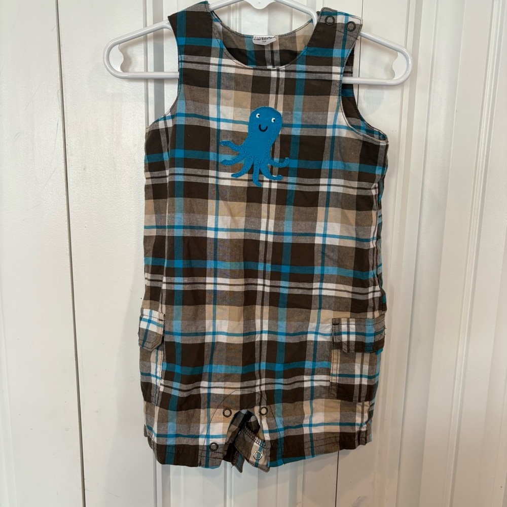 Carter’s Brown And Blue Plaid‎ Octopus Romper Size 9 Months